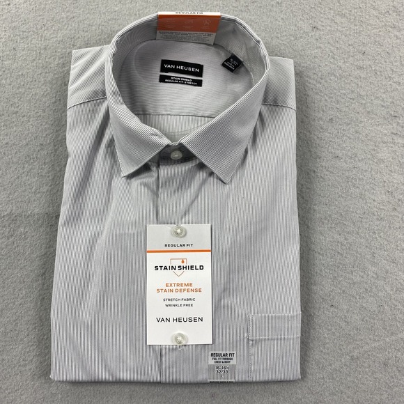 Van Heusen Shirt Mens Large Gray Button Up Regular Fit Stain Shield Stretch - Picture 1 of 5